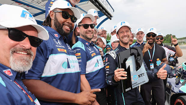 Romain Grosjean and his team celebrate his second IndyCar pole position of the season thus far, Saturday at Barber Motorsports Park in Birmingham, Alabama. Photo courtesy IndyCar.
